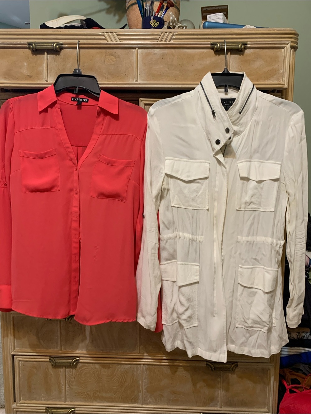 Express Coral Button-Front Blouse & white zip up jacket.